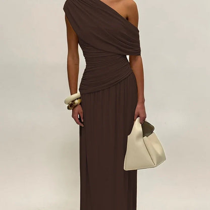 One Shoulder Ruched Sleeveless Solid Pleated Sexy Irregular Y2K Maxi Dress Summer Elegant Party Women Clothes Vacation