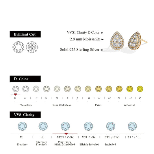 Teardrop Shape Earrings Moissanite DVVS1 Round Cut 925 Sterling Silver Gold Plated For Women Wedding Party Jewelry Gift