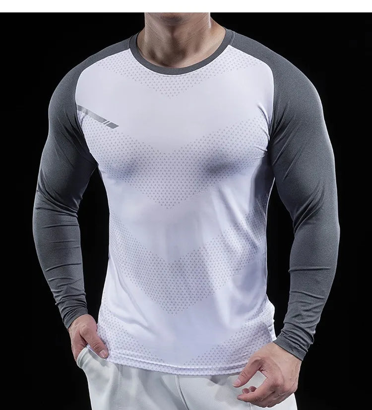 Autumn Winter Men Gym Fitness Display Long Sleeve T-Shirt Crew Neck Elastic Moisture Wicking Tights Running Training Bottom Top