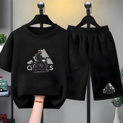 Kids black Summer Leisure Short Sleeve T-shirts+shorts Suits 3-12 Years Boys Girls Casual Outfits Children 2pcs Brand Clothes