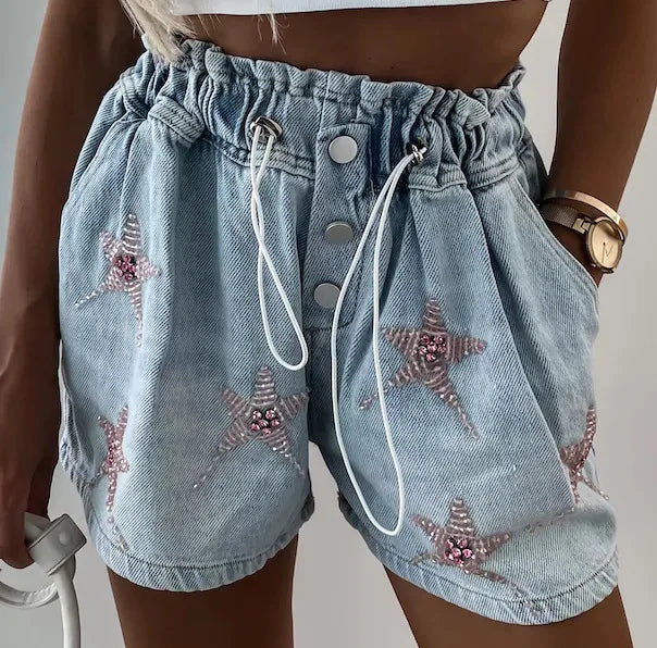 Denim Shorts for Women Streetwear Fashionable and Casual Rhinestone Versatile Y2k Cowboy Half Pants for Female Summer 2024 New