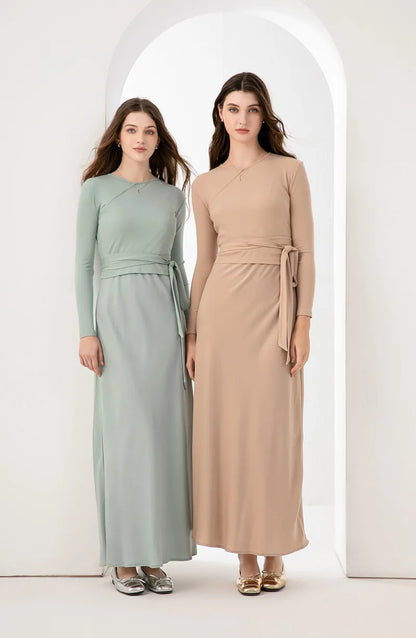 2024 woman clothing high Stretch ribbing closed-fit wrap tops + Matte Satin dress Maxi matching sets (ship out in 1 day)