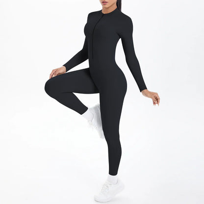 Solid Color Bodysuits for Woman's Backless Long Sleeved Zipper Yoga Jumpsuits High Dtrength Workout Sports Fitness Clothing Set