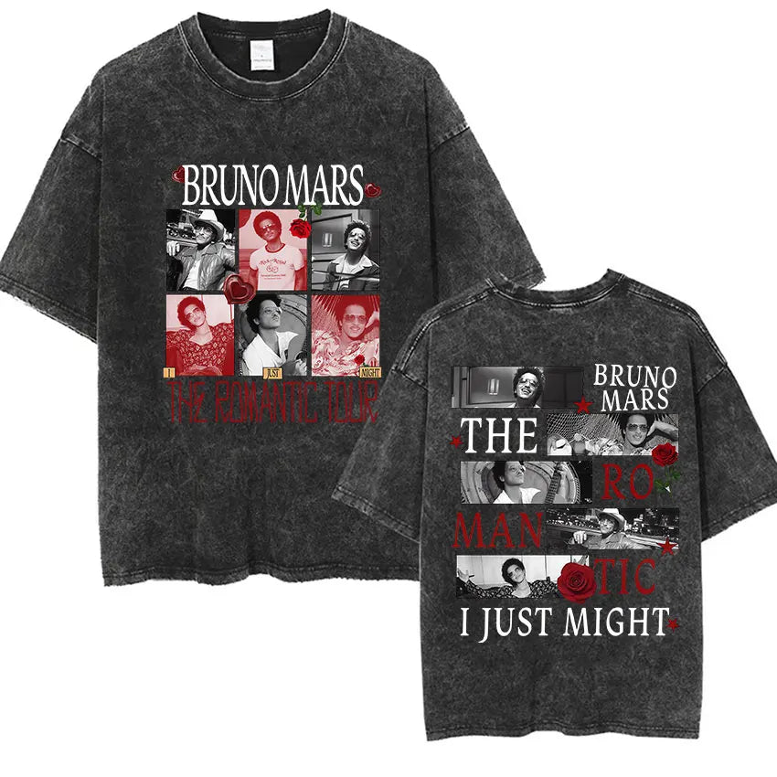 Bruno Mars The Romantic Tour 2026 Vintage Washed T Shirts Men's Women Punk Gothic Fashion Cotton Short Sleeve T-Shirt Streetwear