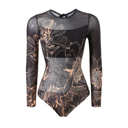 S - XXL Printed Long Sleeve With Sarong One Piece Swimsuit Women Swimwear Female Flowers Padded Bather Bathing Suit Swim V7181