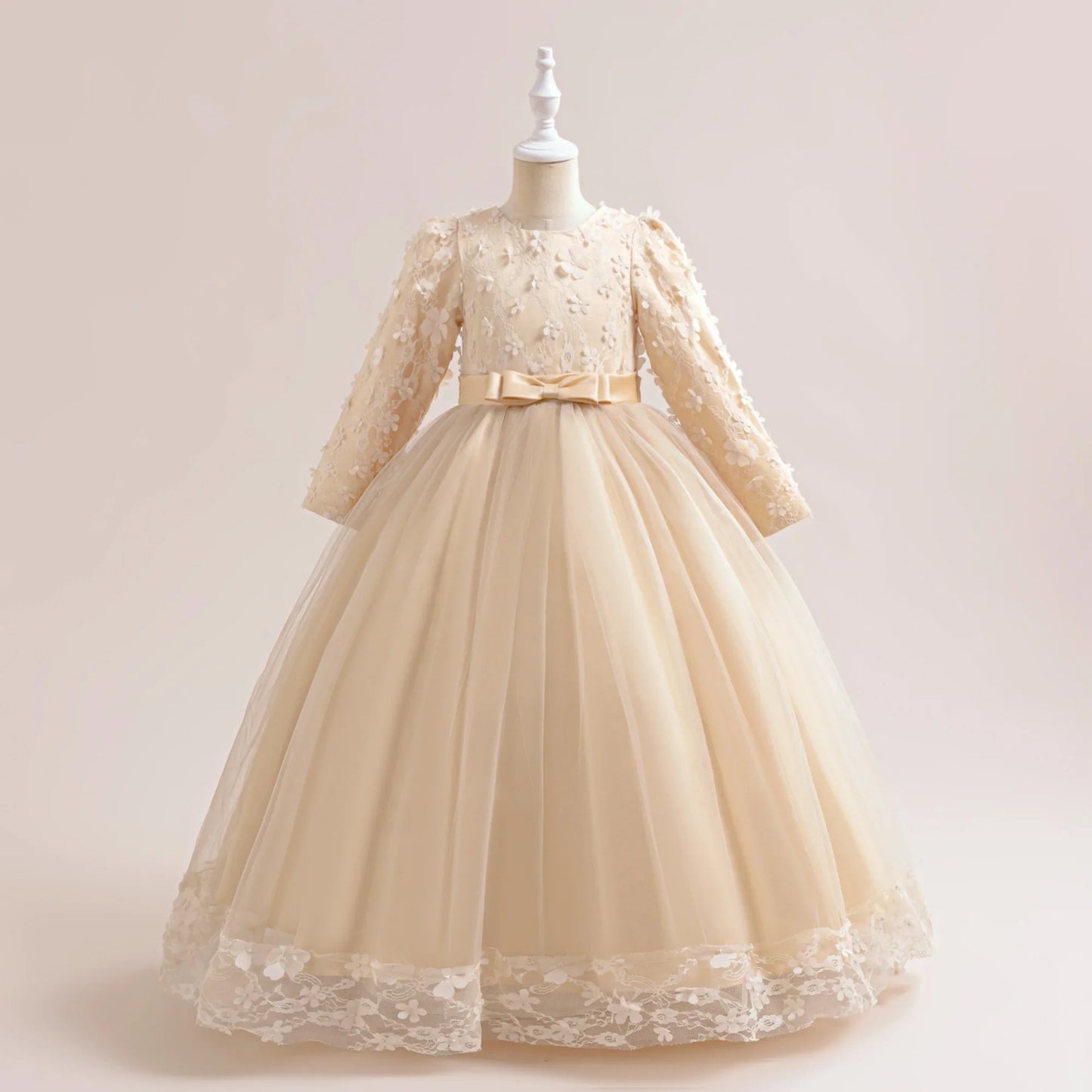 Long Sleeve Flower Bridesmaid Girls Dress Children Christmas Costume Lace Bow Princess Kids Dressees For Girl Party Wedding Gown