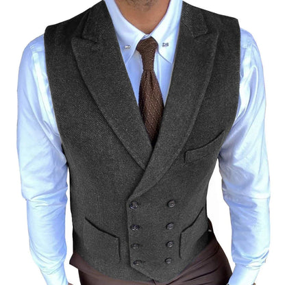 Men Vest Gray Herringbone Solid With Lapel Double Button Waistcoats For Wedding Banquet Business Office Work Men Suit Vest