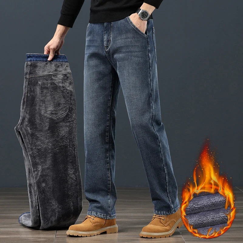 Winter Fleece Men Jeans Classic Loose Straight Warm Thicken Trousers Business Casual Velvet Elastic Denim Pants Plus Size 42 44