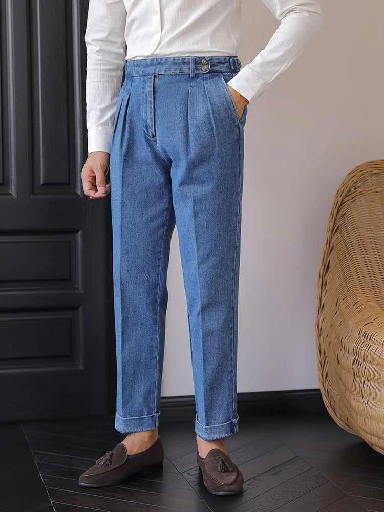 Italian Style Men's High Waist Business Neapolitan Jeans Draped Cuffed Straight Leg Western Pants Youth Trendy Wear Resistant