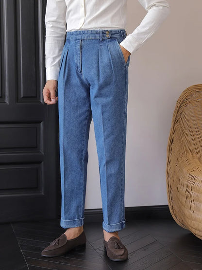 Italian Style Men's High Waist Business Neapolitan Jeans Draped Cuffed Straight Leg Western Pants Youth Trendy Wear Resistant