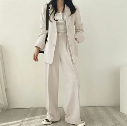Casual Notch Lapel Suit Set with Button Thick Wide Leg Small Suit Pants High Waist Drape Polyester Business Lady Style Women