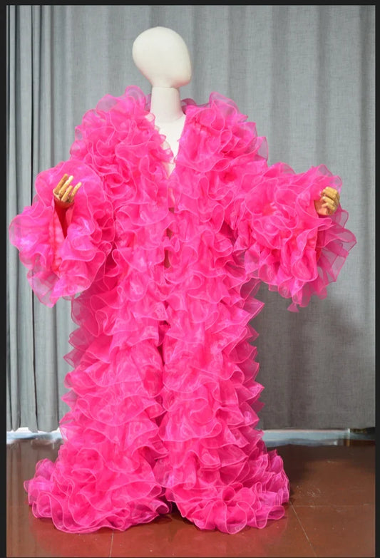 Amazing Layered Organza Long Jacket Puffy And Long Full Sleeves Cape Vest Outfit Party Fashion Stage Drag Queen Coat Cloak
