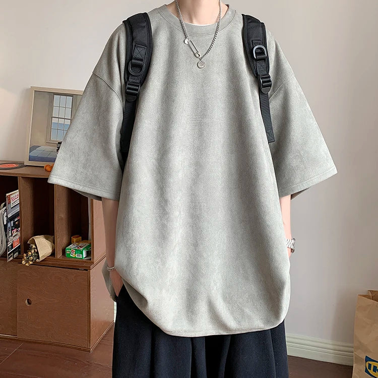 Summer Short Sleeved T-shirt Men Fashion Solid Color Round Neck T Shirt Men Streetwear Loose Suede Tshirt Mens Top M-3XL