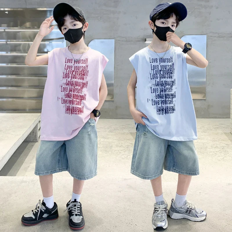 2025 New Summer Outfit Sets for Boys Sleeveless Tshirt And Denim Shorts 2 Pieces Tracksuit Kids Child Stylish Sports Suits 5-14Y