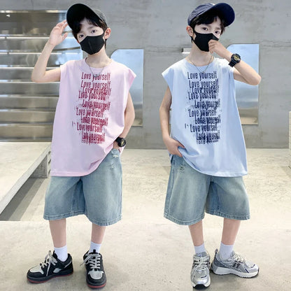 2025 New Summer Outfit Sets for Boys Sleeveless Tshirt And Denim Shorts 2 Pieces Tracksuit Kids Child Stylish Sports Suits 5-14Y