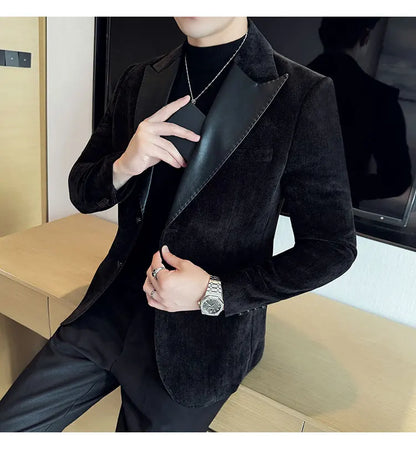 Splicing Leather Neck Fashion Suit Jacket Luxury Men's Business Slim Fit Social Formal Blazers Coats Wedding Groom Tuxedos 5XL-M