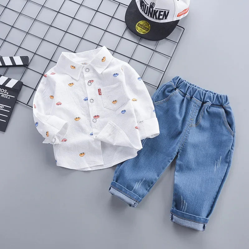 1-5 Years Spring Autumn Handsome Boys Clothing Set Full Sleeve Little Car Pattern Shirt+Jeans 2Pcs Suit For Kids Children Outfit