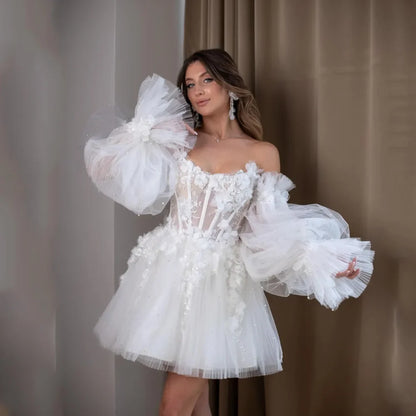 Customized Boat Neckline With 3D Flowers Long Puff Sleeves Tulle A-Line Mini Wedding Dress Elegant Lace-up Back Gown For Bride