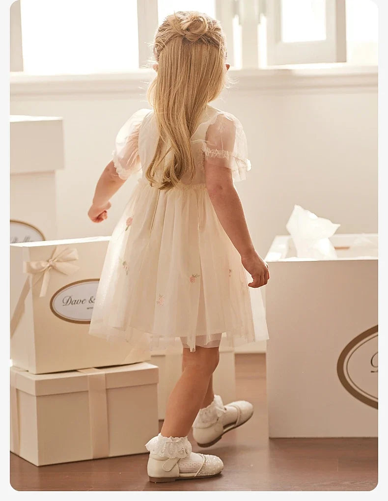 Children's Princess Dress for Girls 2025 New Summer Floral Puff Sleeves Mesh Charm Noble Cute Sweet Party DB2240549