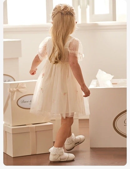 Children's Princess Dress for Girls 2025 New Summer Floral Puff Sleeves Mesh Charm Noble Cute Sweet Party DB2240549