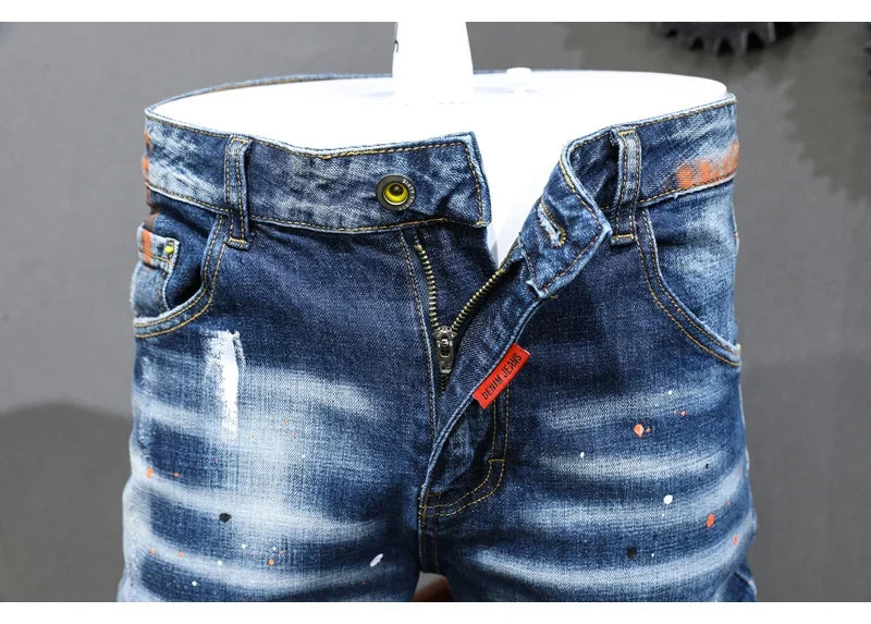 Fashion Designer Men Jeans Retro Blue Stretch Slim Fit Painted Ripped Jeans Men Korean Style Vintage Casual Denim Pants Hombre
