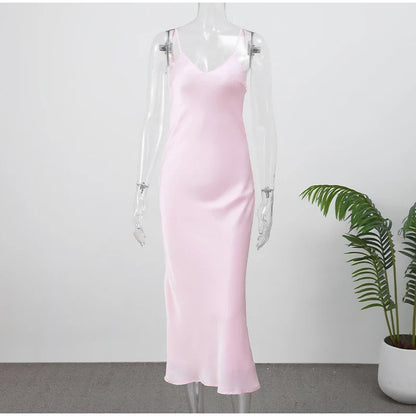 Yellow Satin Sling Dress Women Elegant V Neck Sleeveless Backless High Waist Maxi Dresses 2025 Summer Lady Party Evening Robes