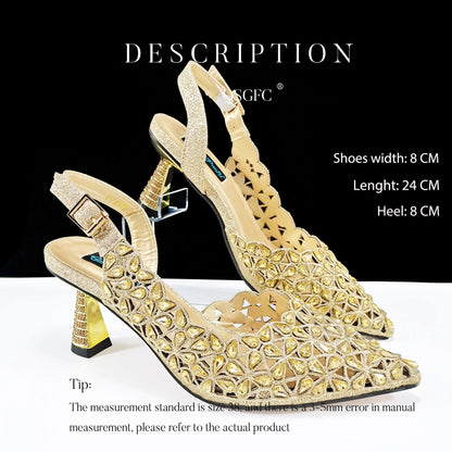 Italian Design Rhinestone-encrusted Sex Ladies Shoes And Special Bag High Heels And Heart Shape Gold Mini Bag