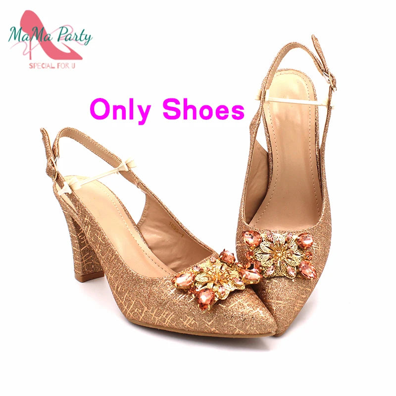 Nigerian Women Shoes and Bag Set in Gold Color High Quality New Arrivals Classics Style for Garden Party