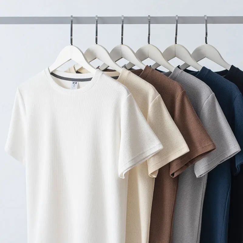 Men's New Summer Waffle Round Neck Short Sleeve T-Shirt Comfortable Breathable Short-Sleeved Top for Casual Wear