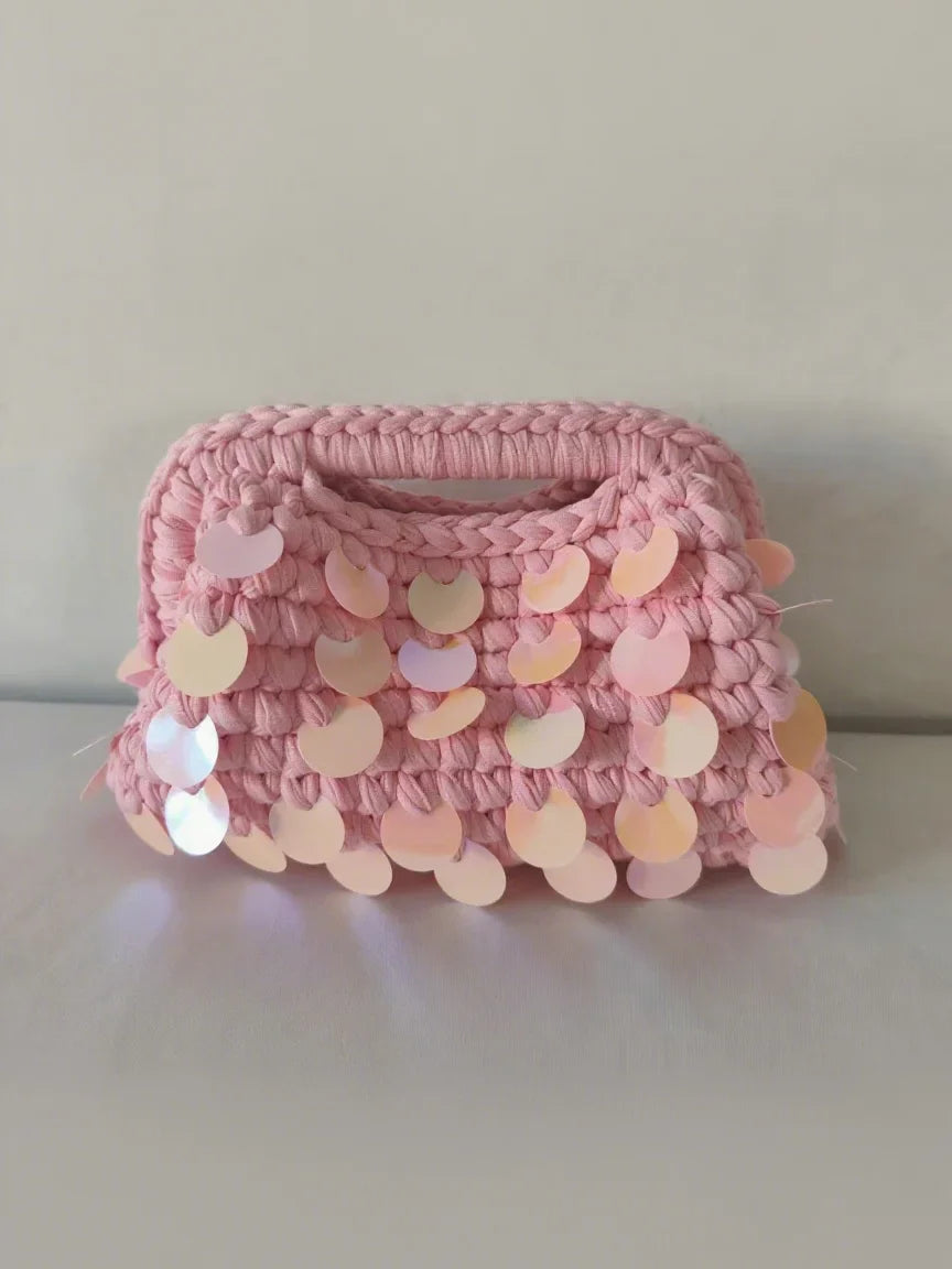 Yingzi Small Sequin Crochet Cluth Bag with Shine Paillettes Handmade Evening Bag Makeup Bag