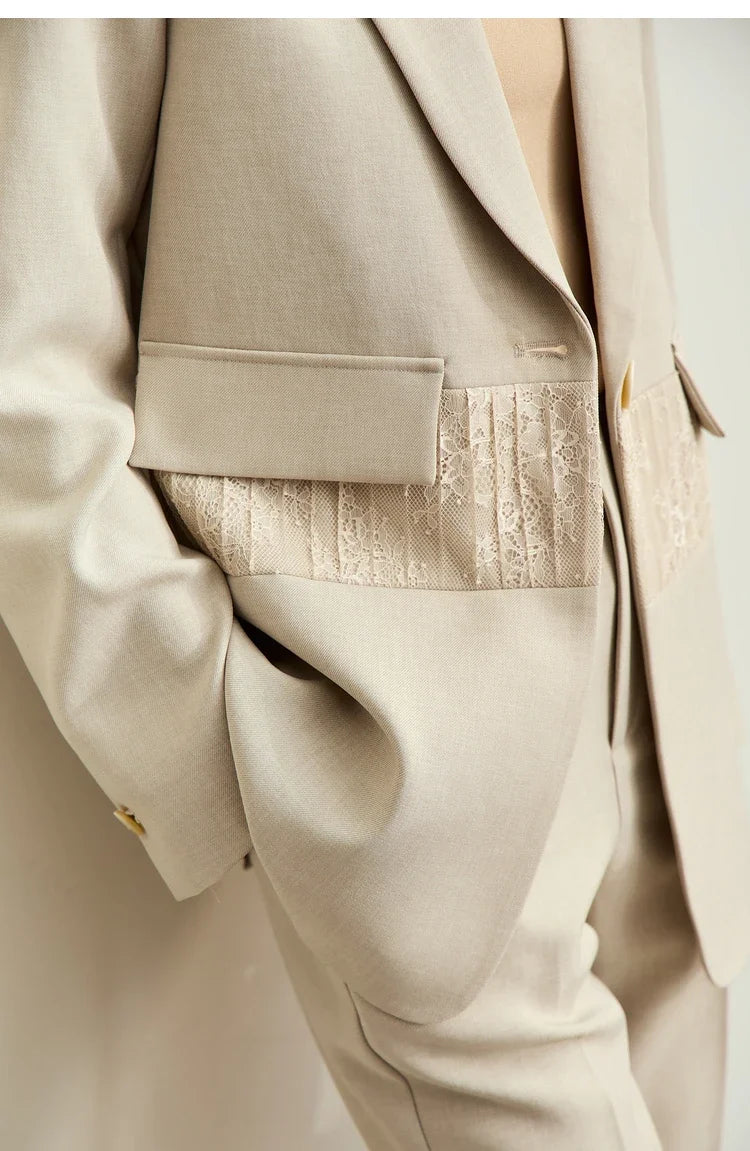 Minimalism 2025 Women's Blazer Autumn New Office Lady Lace Spliced Shoulder Professional Loose Female Notched Tops 12443009