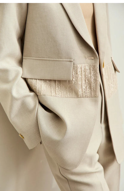 Minimalism 2025 Women's Blazer Autumn New Office Lady Lace Spliced Shoulder Professional Loose Female Notched Tops 12443009