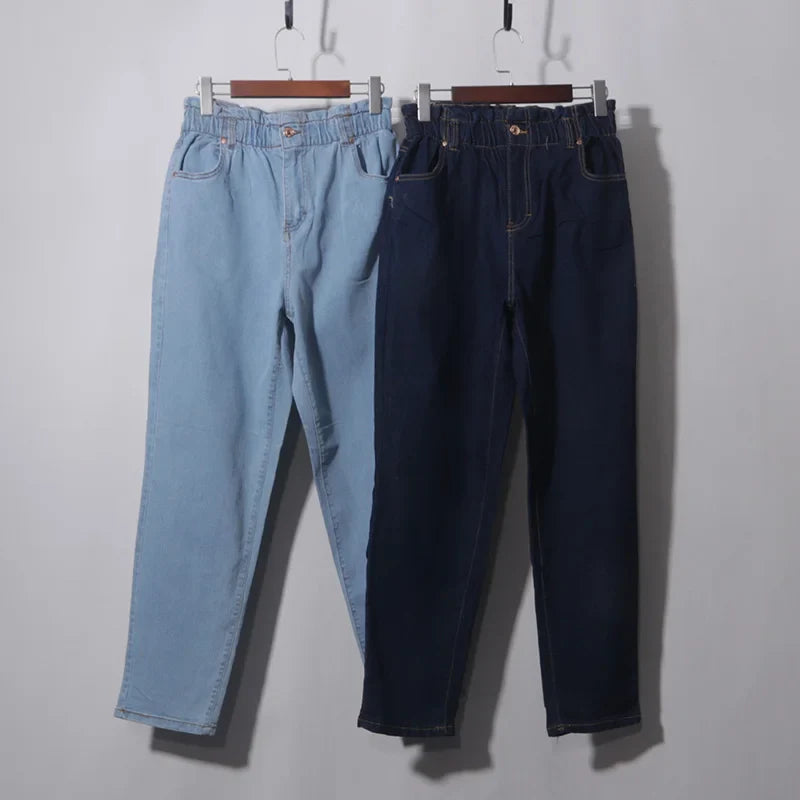 Casual High Waist Cotton Stretch Denim Capri Pants with Pleated Hem Elastic Waist Ladies Faion Spring Autumn Wear