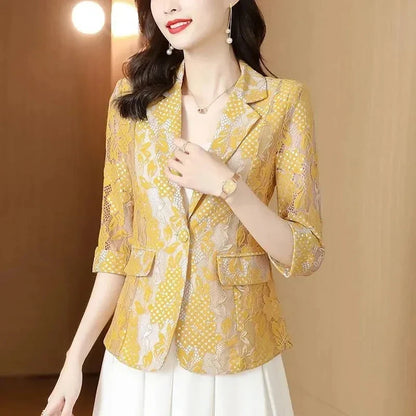 Lace Small Blazer Coat Women's 2025 Spring Summer Korean Version Fashion Ladies Elegant Casual Temperament Female Blazer Jacket