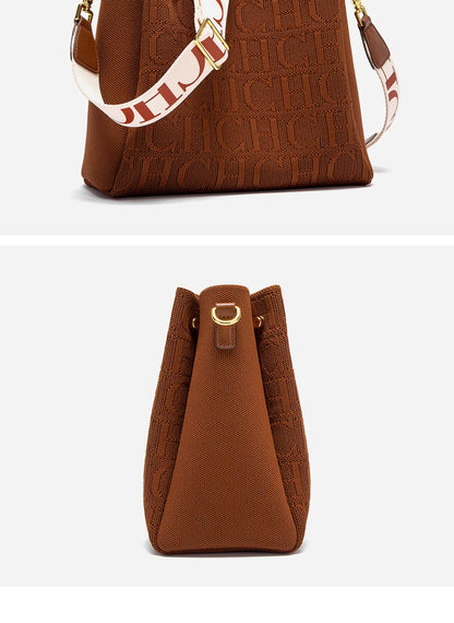 New Jacquard Letter Women Bucket Bag Wide Printed Strap Crossbody Purse Large Capacity Ladies Casual Daily Handbag Gift