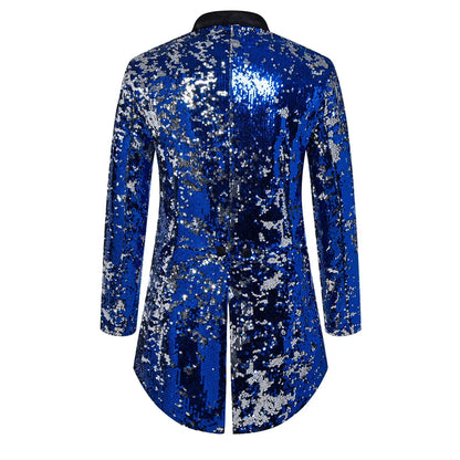 2026 Men's Blue Metallic Shiny Sequins Tuxedo, Performance,Party Dress Coat, Fashion Long Cardigan Suit Jacket,Red, Gold Blazers