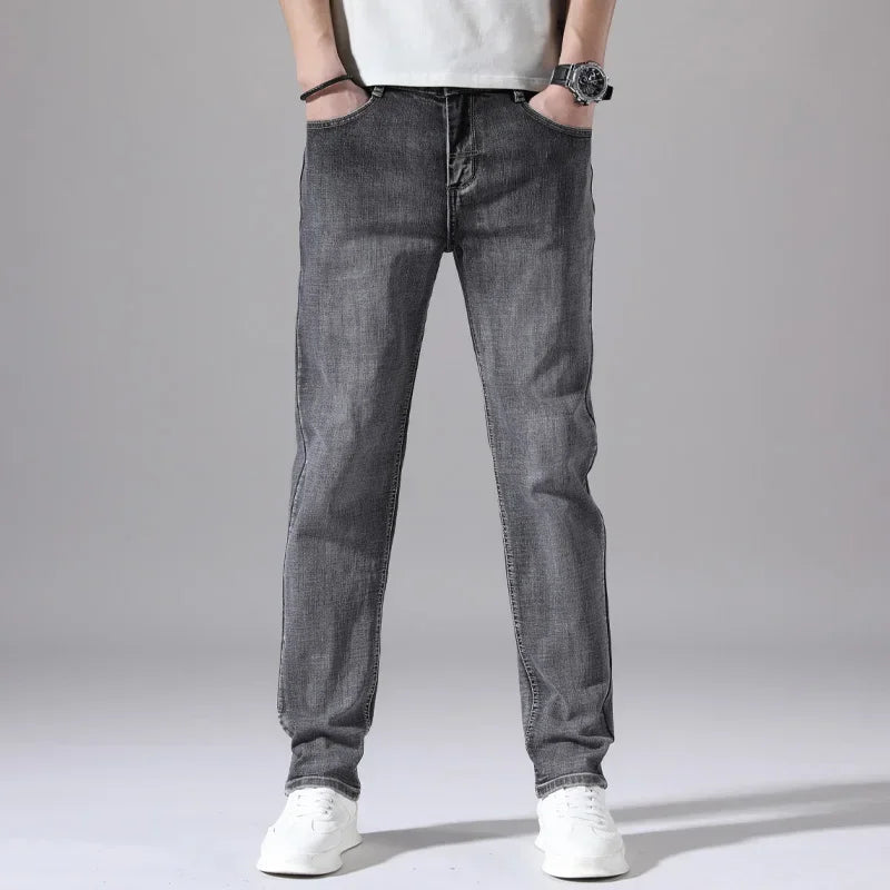 2026 Cotton Stretch Jeans Business Casual Men's Thin Denim Jeans Grey Spring Summer Brand New Fit Straight Lightweight