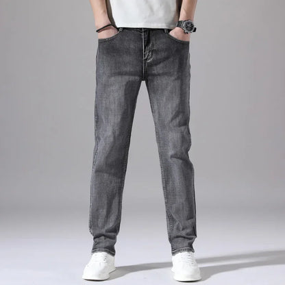 2026 Cotton Stretch Jeans Business Casual Men's Thin Denim Jeans Grey Spring Summer Brand New Fit Straight Lightweight