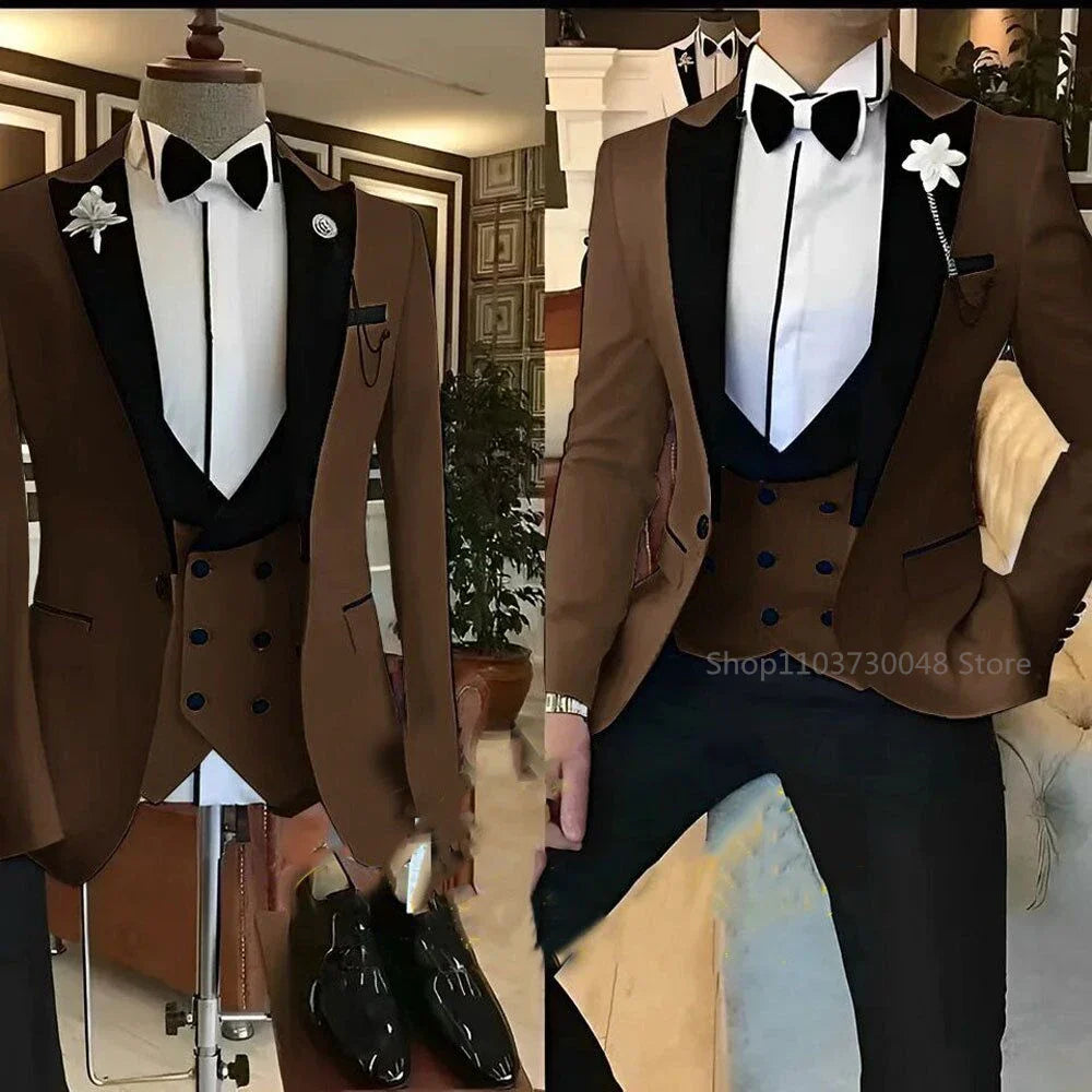 Solid Men's 3 Pieces Suit One Button Peak Lapel Jacket Vest Trousers Dinner Wedding Groom Tuxedos Slim Fit Formal Business Suits