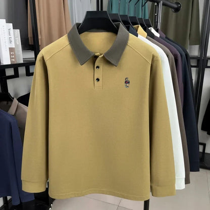 Premium luxury men's long sleeve polo shirt brand cartoon bear embroidery Korean style fashion comfort autumn new lapel T-shirt