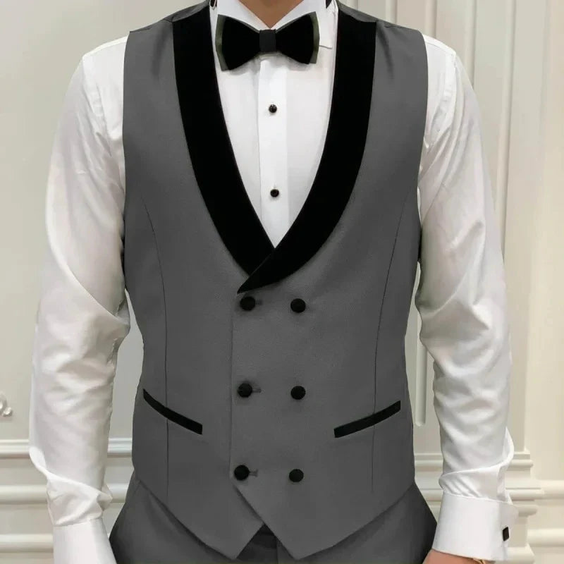 Men Vest Gray Double Button With Black Lapel Waistcoat Suit Fit Wedding Birthday Banquet Party Business Work Tuxedo Men Suit