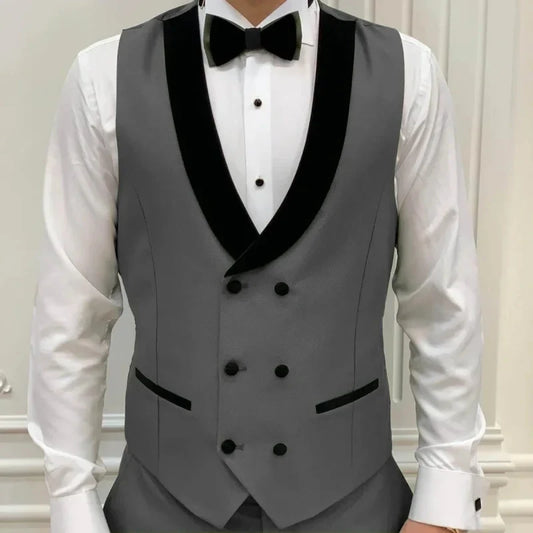 Men Vest Gray Double Button With Black Lapel Waistcoat Suit Fit Wedding Birthday Banquet Party Business Work Tuxedo Men Suit