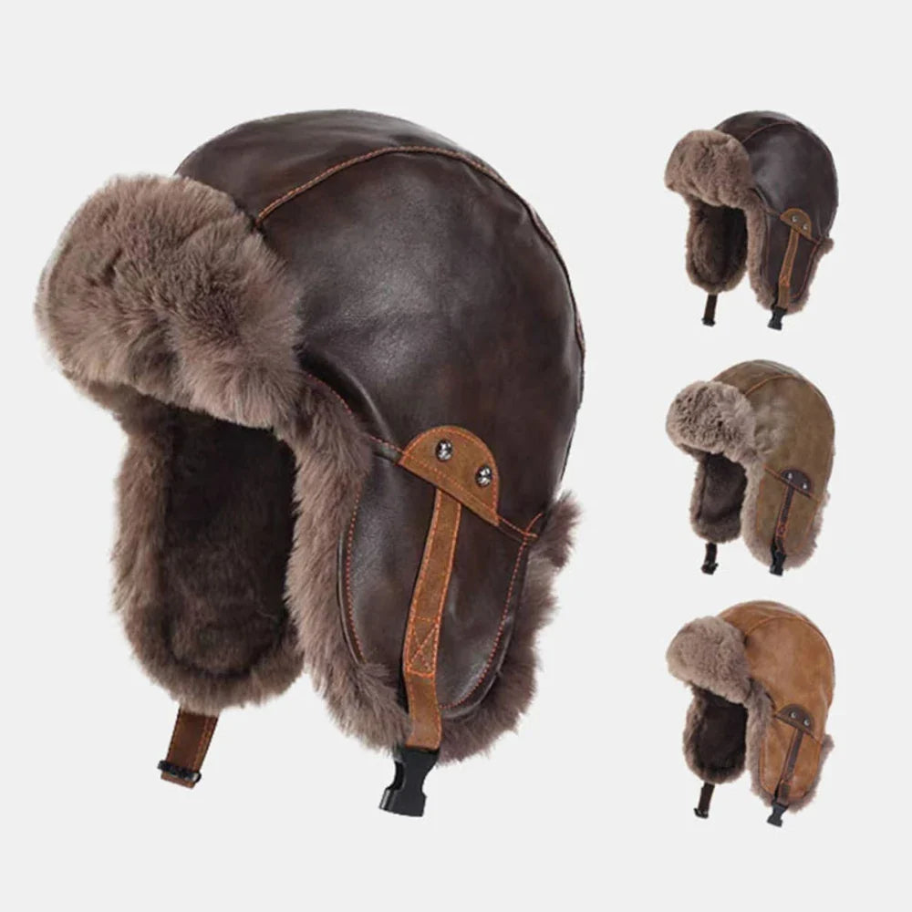 Bomber Hat New PU Leather Winter Hats for Men Women Waterproof Snow Ski Trapper Earflap Cap Male Female Russian Fur Hats