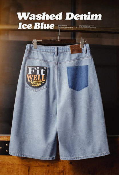 Men's American Retro Ice Blue Washed Denim Shorts Straight A Line Seven Inch Pants Vintage Workwear Loose Summer Trousers