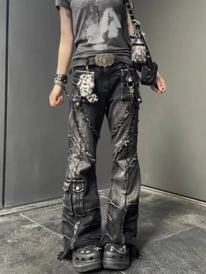 Japanese Y2K 2026 Autumn Winter Women's Denim Flared Jeans Bell Bottom Designer Kpop 2000s Pants Dark Academia Cargo Goblin Core