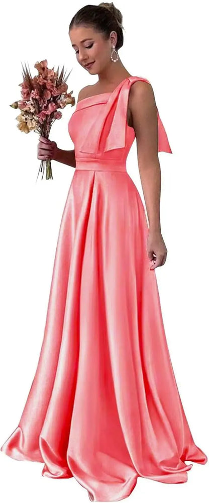 One Shoulder Large Bow Bridesmaid Dress with Pleated Satin and Pockets Simple ,Stylish Ball Dressadies' Guest One Shoulder Dress