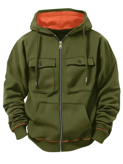 Spring Autumn New Men's Multi Pocket Hoodie with Velvet Casual Zipper Hoodie Fashion Sports Street Top Jacket for Men