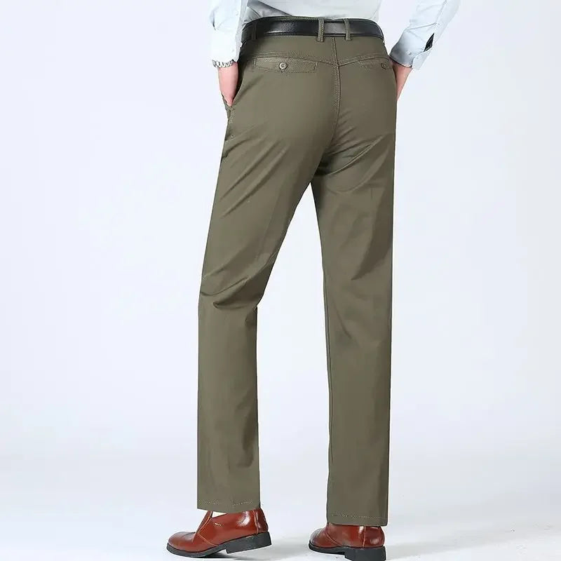 Summer Thin Pants 100% Cotton Men's Autumn Thick Suit Pant Slacks High Waist Straight Loose Bland Solid Business Casual Pants