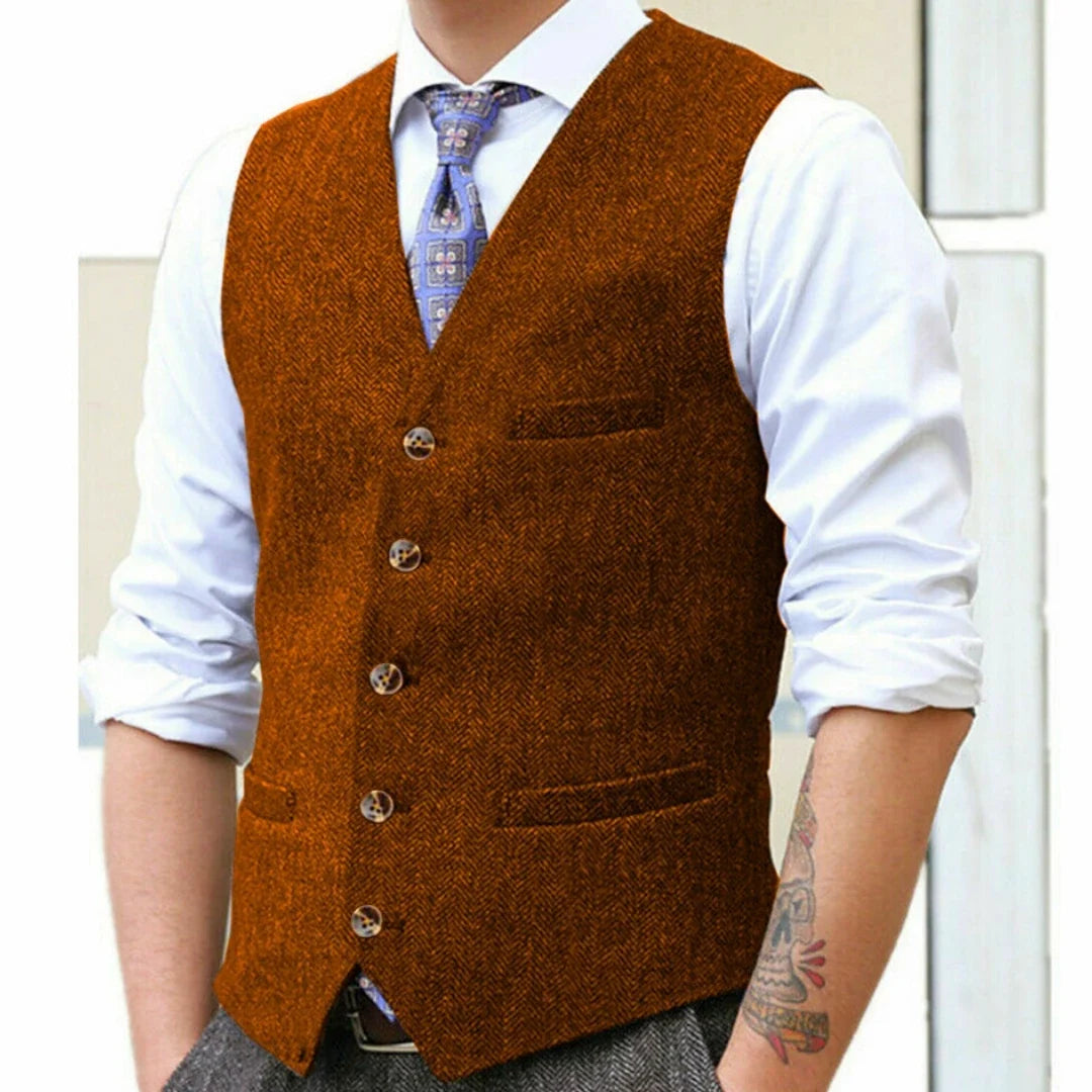 Men Vest Gray Herringbone Single Button With Pocket V Neck Waistcoat For Wedding Banquet Business Work Casual Daily Men Vest
