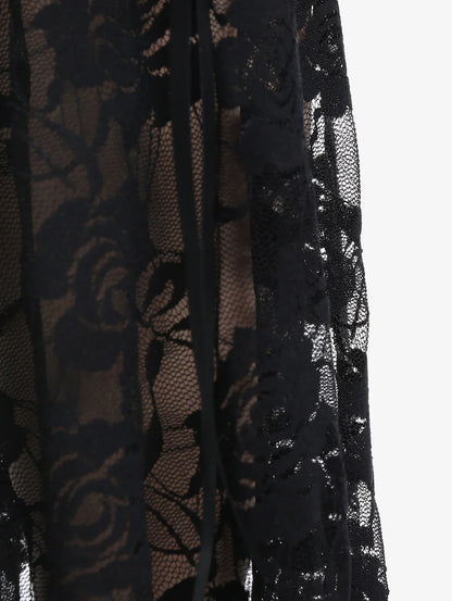 Plus Size Womens Pull On Flare Pants Gothic High Waist Overlength Lace Panel With Lace-up Pleated Trousers Skinny Pants